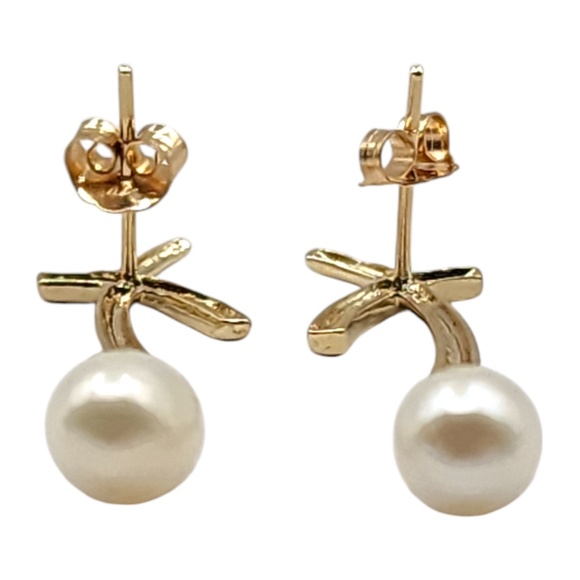 14 Karat Yellow Gold Freshwater Pearl Dangle X Earrings #20494